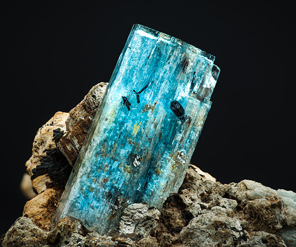 Blue aquamarine with schorl (black tourmaline) inclusion